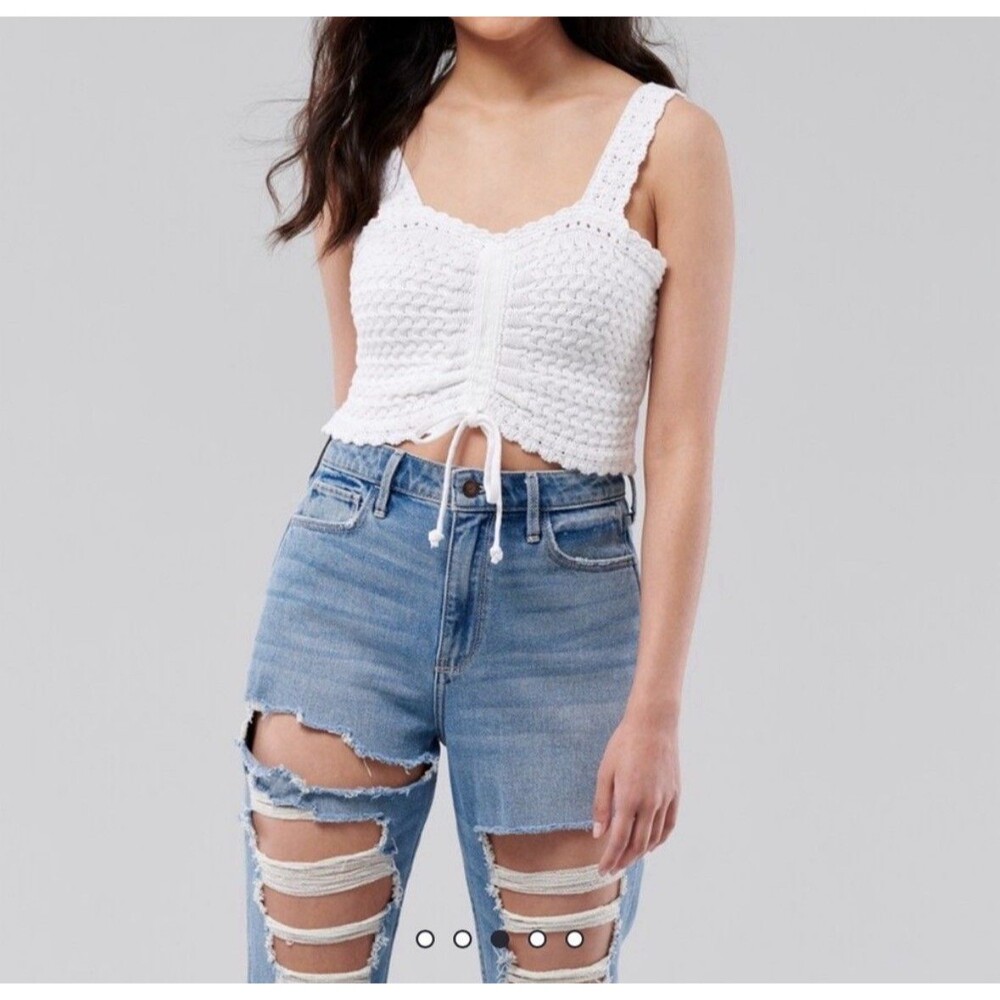 Hollister Crochet Crop Top White Womens Large Cinch Front Summer Festival